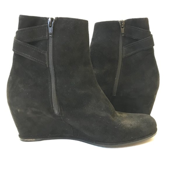 Stuart Weitzman Wedge Ankle Booties Boots Womens 9 Black Suede Heels Criss Cross - Picture 11 of 12